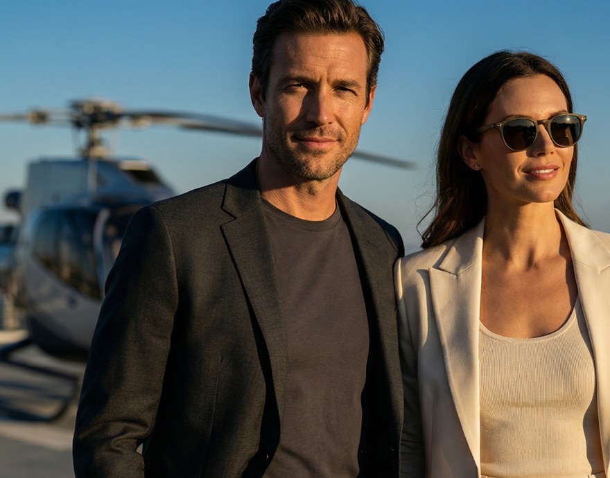 Imagem de um casal de clientes da Flapper com helicóptero ao fundo.