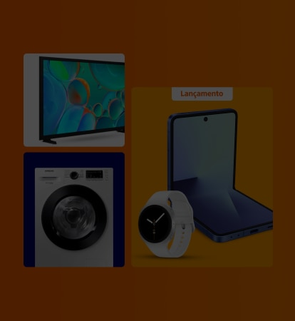 Produtos Samsung como: televisor, máquina de lavar e os lançamentos Galaxy Z Flip 7 e Watch 8.