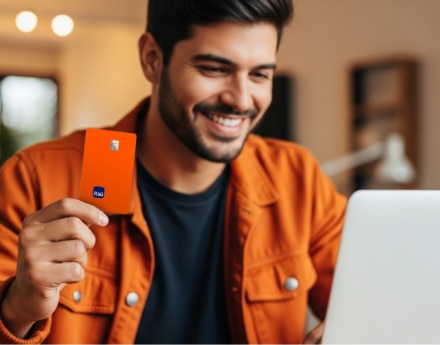 Homem segurando o cartão Itaú