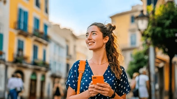Cliente Itaú de blusa azul com bolinhas brancas, com celular laranja na mão, sorrindo, em sua viagem internacional