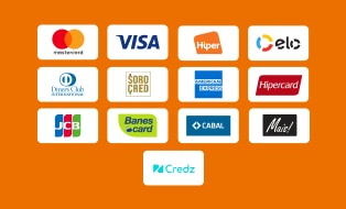 Logos da bandeiras de cartão aceitas: Mastercard, Visa, Hiper, Elo, Diner Club International, SoroCred, American Express, Hipercard, JCB, Banes Card, Cabal, Mais! e Credz.