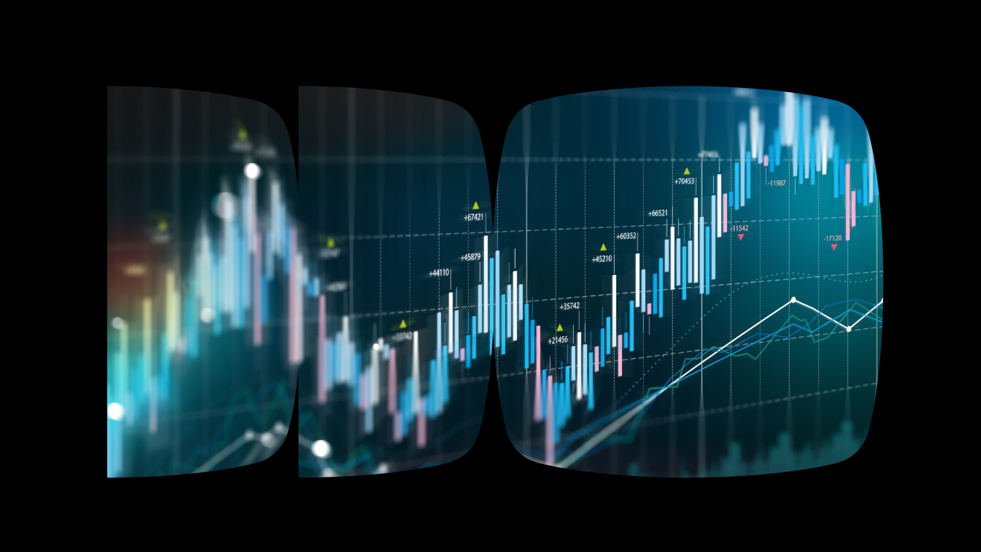 Imagem de gráficos genéricos dentro de recortes do logo do Itaú com contorno preto.