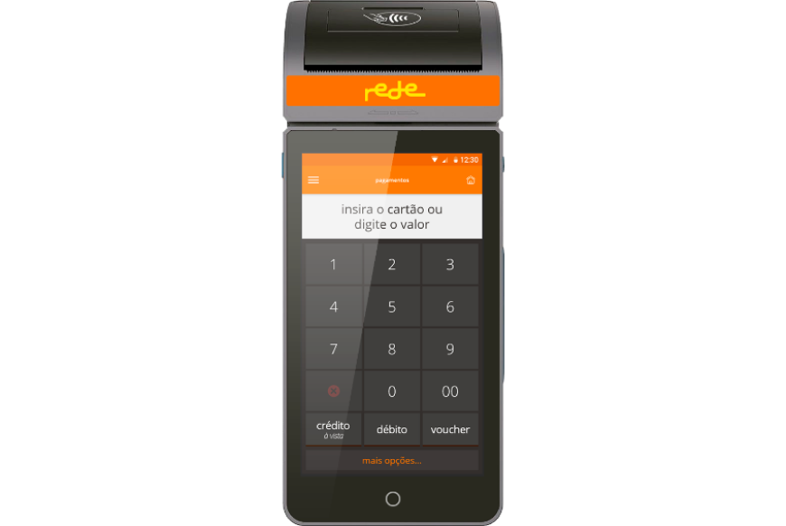 Imagem da maquininha Smart Rede. Ela tem um impressor de bobina entre a parte superior e traseira, uma tela digital touch e insere e faz pagamento por aproximação com o cartão. A tela e o teclado de numérico ficam juntos em um mesmo visor touch screen. Ela não tem fio.