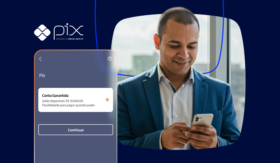 Pessoa mexendo no app Itaú Empresas na funcionalidade de Pix utilizando Conta Garantida