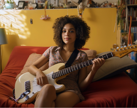 Imagem de uma mulher sentada tocando guitarra.