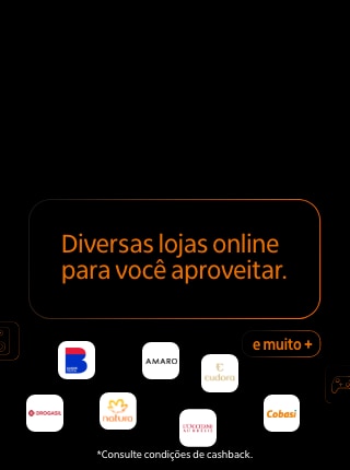 Texto "Diversas lojas online para você aproveitar e muito mais. Consulte condições de cashback." com logos dos parceiros Casas Bahia, Cobasi, Amaro e Eudora.