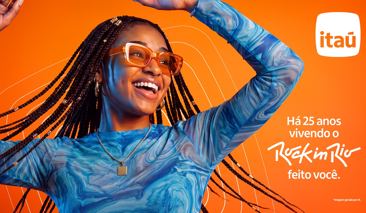 Pessoa usando óculos escuros sobre a cabeça, com fundo em tons de laranja e azul, em peça promocional relacionada ao Rock in Rio.