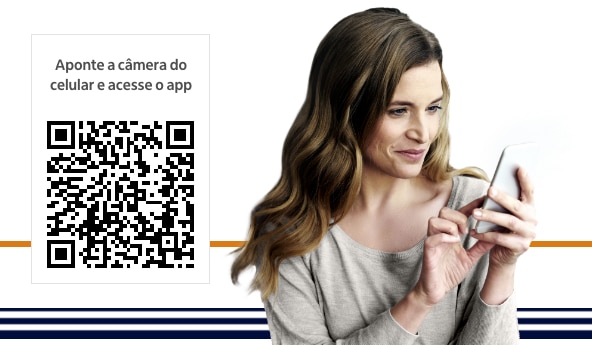 Imagem com QRCode e texto escrito Aponte a câmera do celular e acesse o app