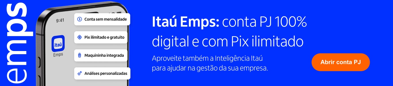 banner azul com os dizeres: Itaú Emps: conta PJ 100% digital e com Pix Ilimitado. Aproveite também a Inteligência Itaú para ajudar na gestão da sua empresa. Abrir conta PJ.