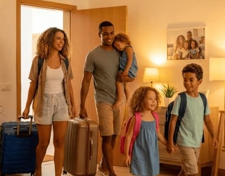 Família chegando em casa após férias