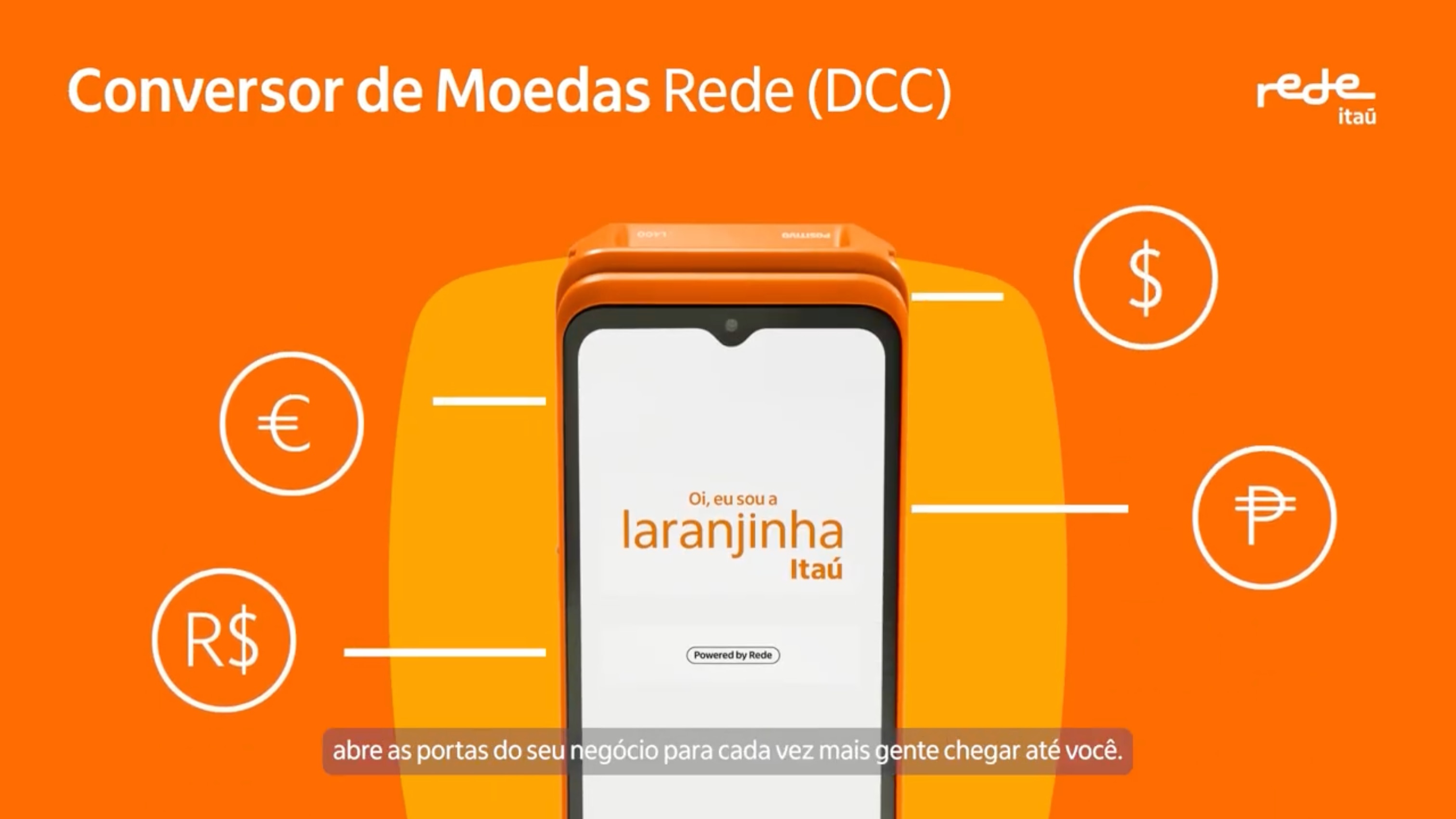Maquininha de Rede escrita "Oi, eu sou a Laranjinha", com os dizeres "Conversor de moedas (DCC)" escrito em cima