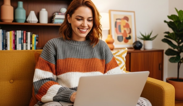 Cliente Itaú, sentada, enquanto utiliza seu notebook para falar com a Central de Atendimento