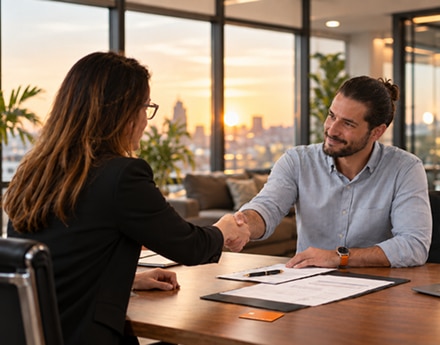 Homem e mulher apertando as mãos na mesa de um escritório.