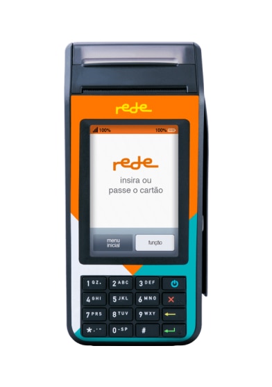 Imagem da maquininha Rede sem fio TEF. Ela tem uma tela, um teclado numérico logo abaixo e impressor de bobina na parte superior traseira.