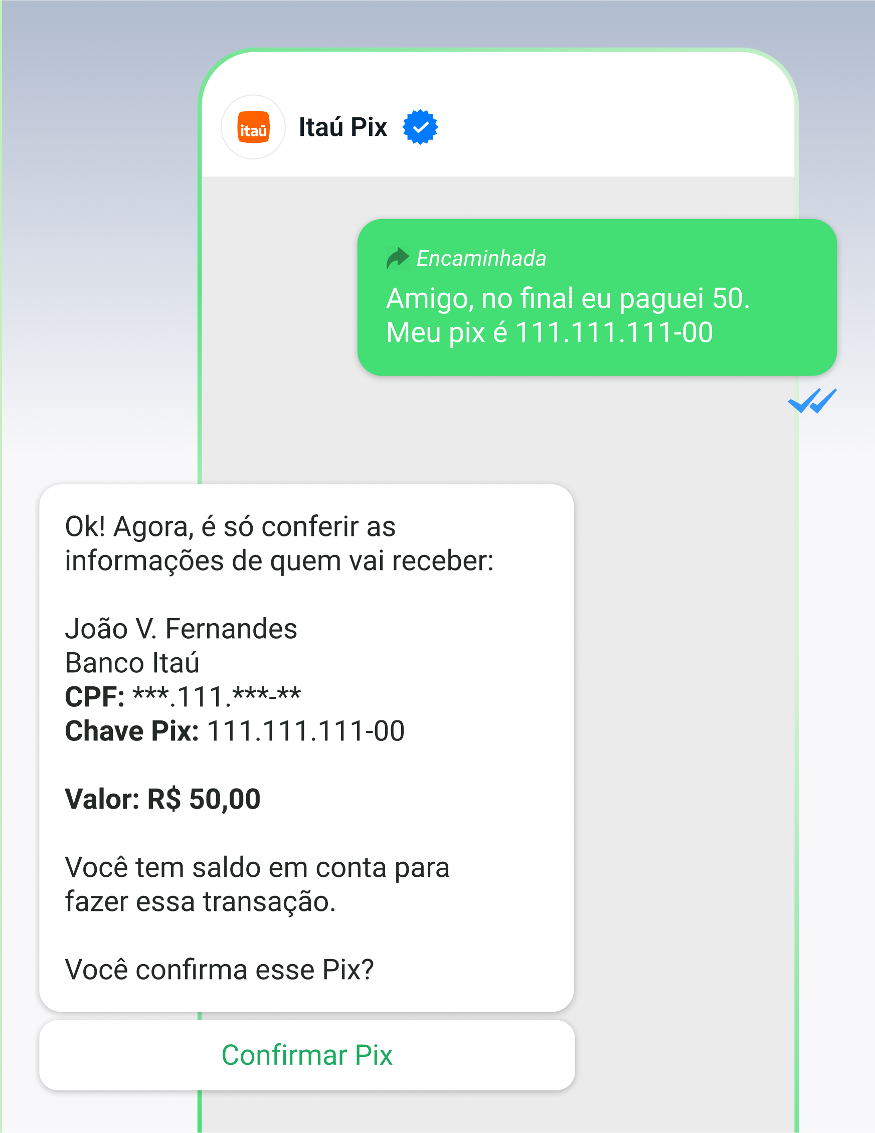 Ilustração de celular exibindo tela do Itaú Pix no WhatsApp