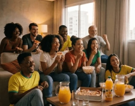 Grupo de amigos, clientes Itaú, assistindo a um jogo da Seleção