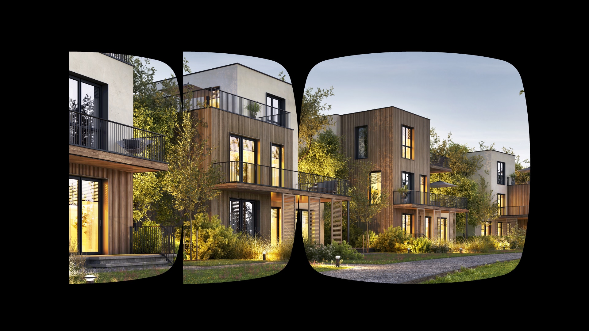 Fotografia de pequenos sobrados modernos lado a lado inseridos dentro de recortes de pedras do Itaú com fundo preto ao redor