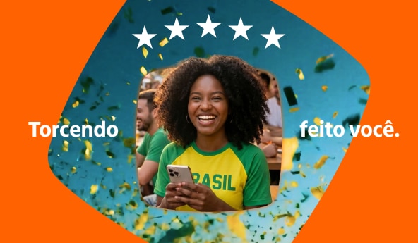 Pessoa com camiseta Brasil segura celular em ambiente festivo; confetes, estrelas e texto Torcendo feito você ao redor.