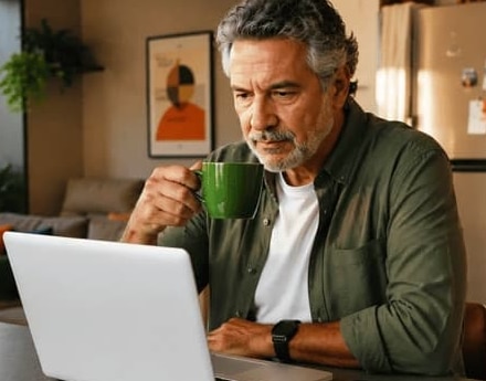 Cliente Itaú tomando seu café de frente ao notebook