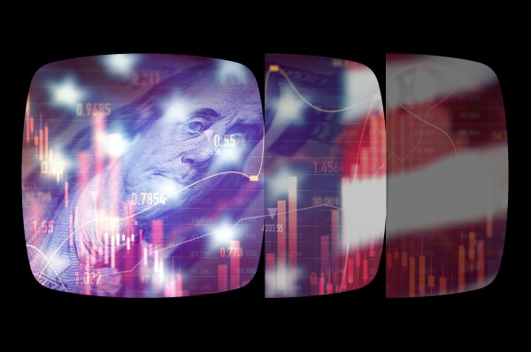Imagem: bandeira dos EUA, com nota de dólar sobreposta