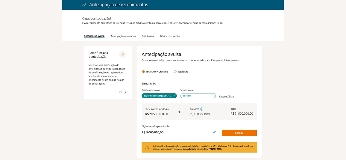 Passo 1 da antecipação. Tela do portal mostrando de qual maquininha é desejado fazer a antecipação.