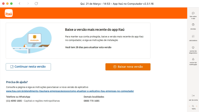atualizar o aplicativo Itaú no computador primeira tela