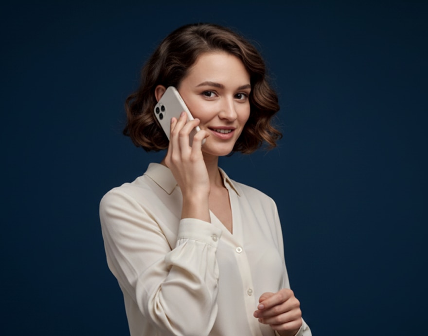Mulher sentada com o celular na mão sorrindo