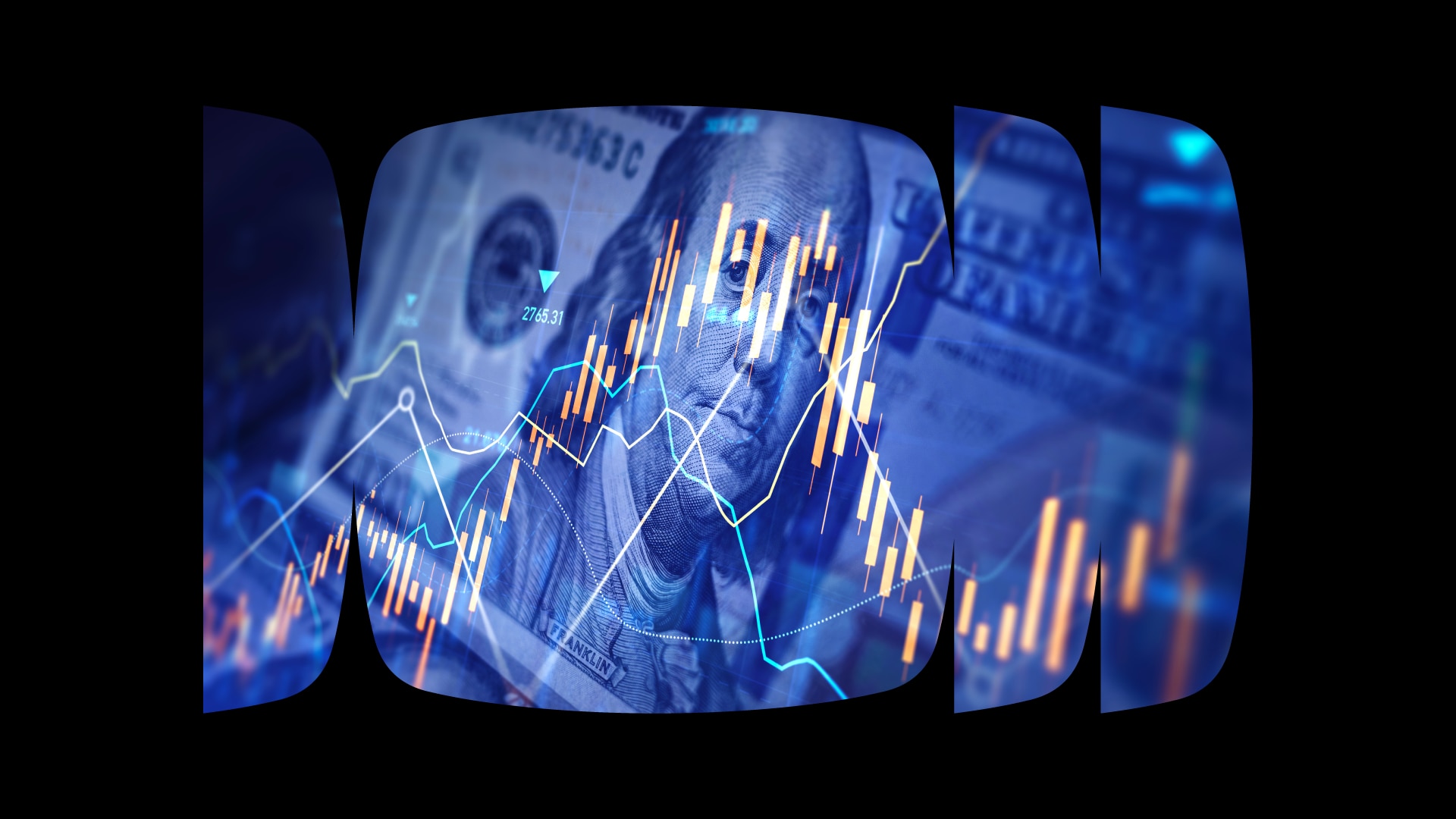 Foto de uma nota de dólar ao fundo sobreposta pela projeção de um gráfico genérico de velas. As imagens estão aplicadas dentro de recortes do logo do Itaú rodeados por um fundo preto.