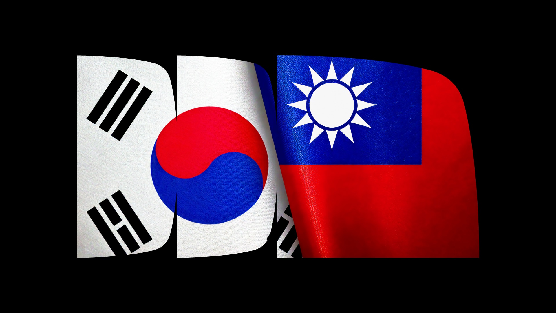 Imagem das bandeiras da Coreia do Sul e de Taiwan em recortes do logo do Itaú cercados por um fundo preto