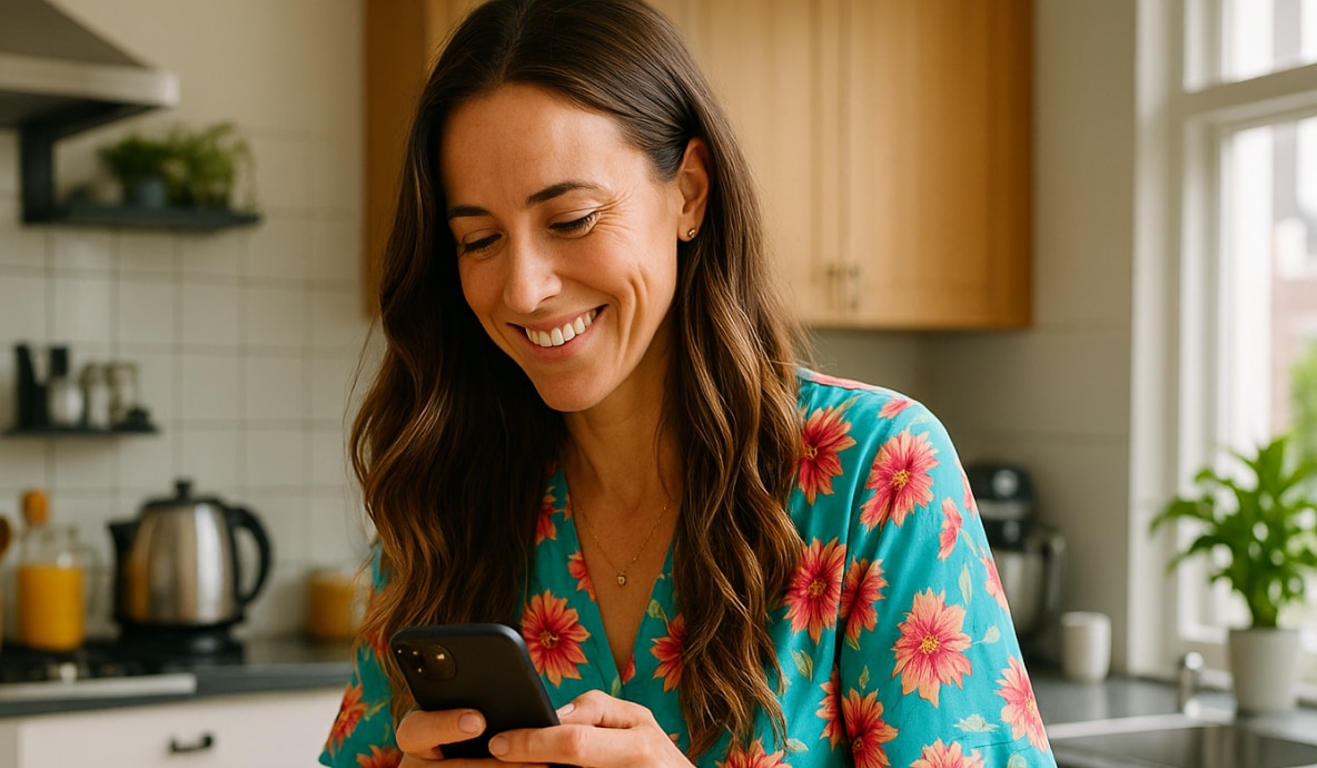Cliente Itaú na cozinha, com blusa florida, utilizando seu celular para renegociar sua dívida no Itaú