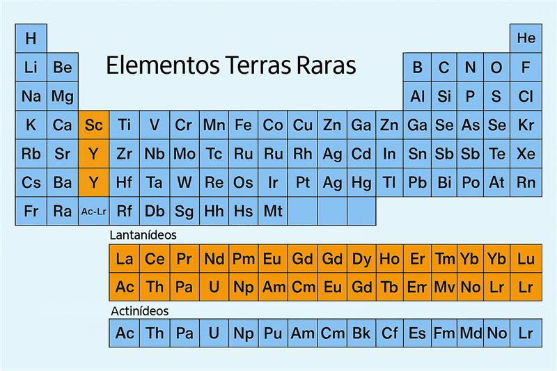 A tabela periódica dos elementos, com destaque para as chamadas terras raras