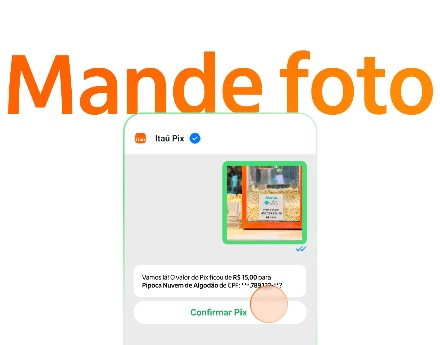 Escrito "Mande foto" e uma tela de Pix WhatsApp Itaú