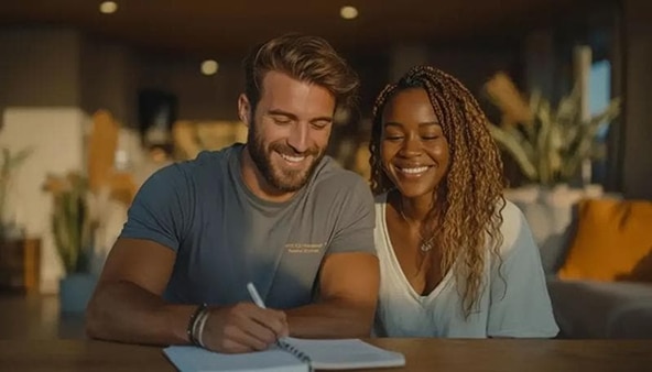 Casal de clientes Itaú, sentados ao ar livre, em uma mesa, fazendo anotações em um caderno