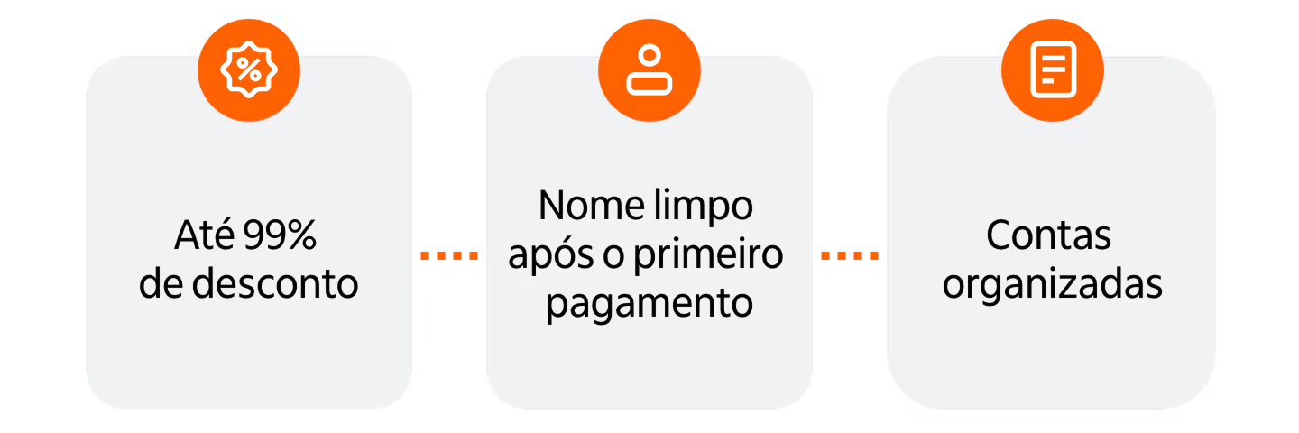 Até 99% de desconto.  Nome limpo após o primeiro pagamento.  Contas organizadas.