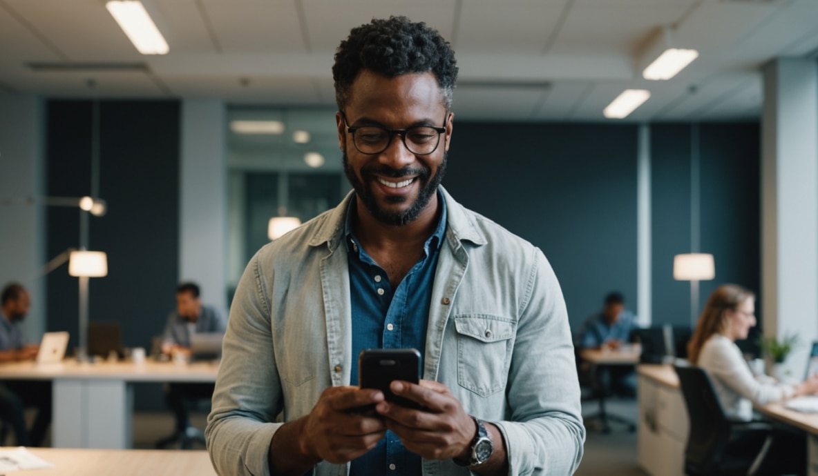 Cliente Itaú de blusa jeans e óculos, acessando a Renegociação Itaú pelo celular dentro de um escritório