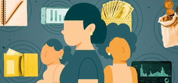 ilustração com três mulheres ao lado de ícones de balanços, resultados