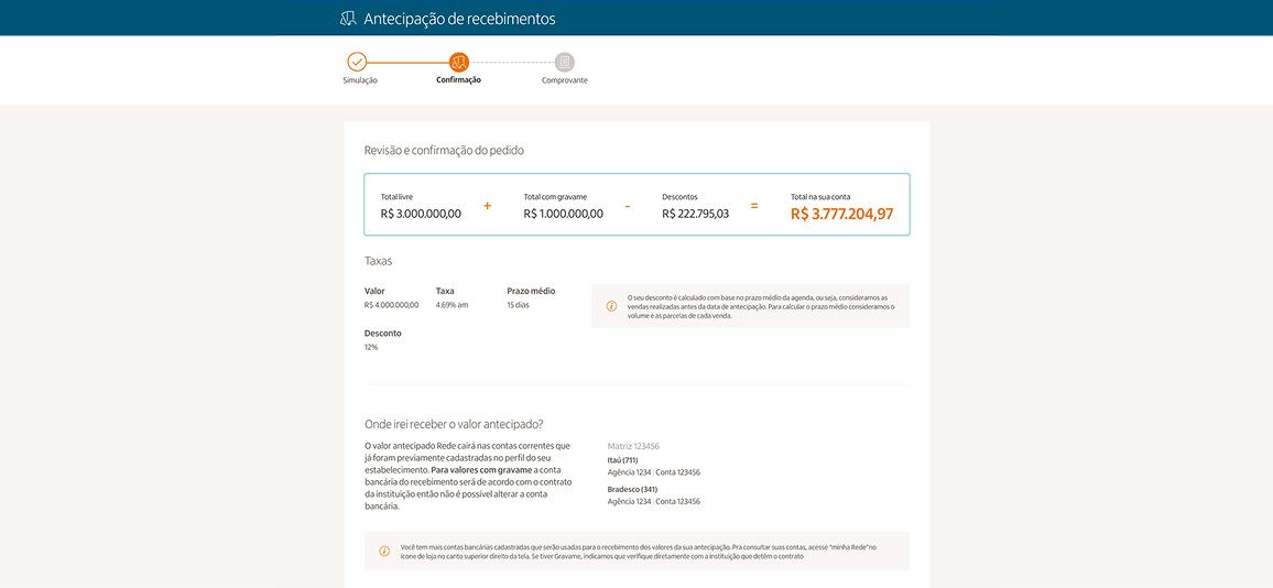 Passo 3 da antecipação. Tela para confirmação dos termos de antecipação.