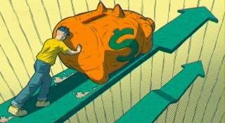 Ilustração com um homem empurrando um cofre em formato de porquinho.