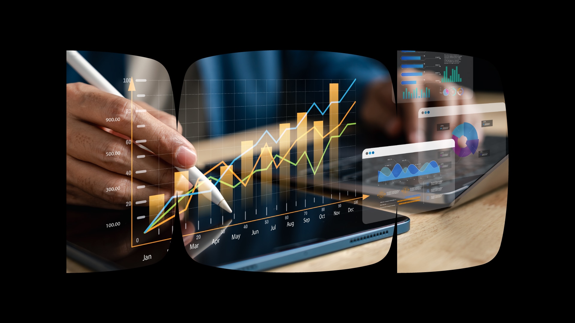 Mão manuseia tablet, de onde saem gráficos em barra. A composição está dentro do grafismo do Itaú Private Bank.