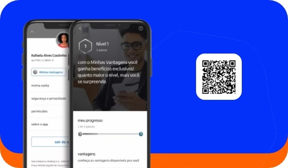 Ilustração de um celular com o aplicativo Itaú Uniclass aberto, ao lado um QR Code.