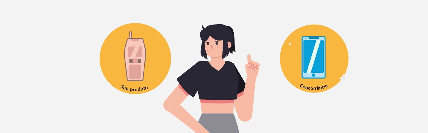 Ilustração mulher no centro da imagem entre um produto e concorrência