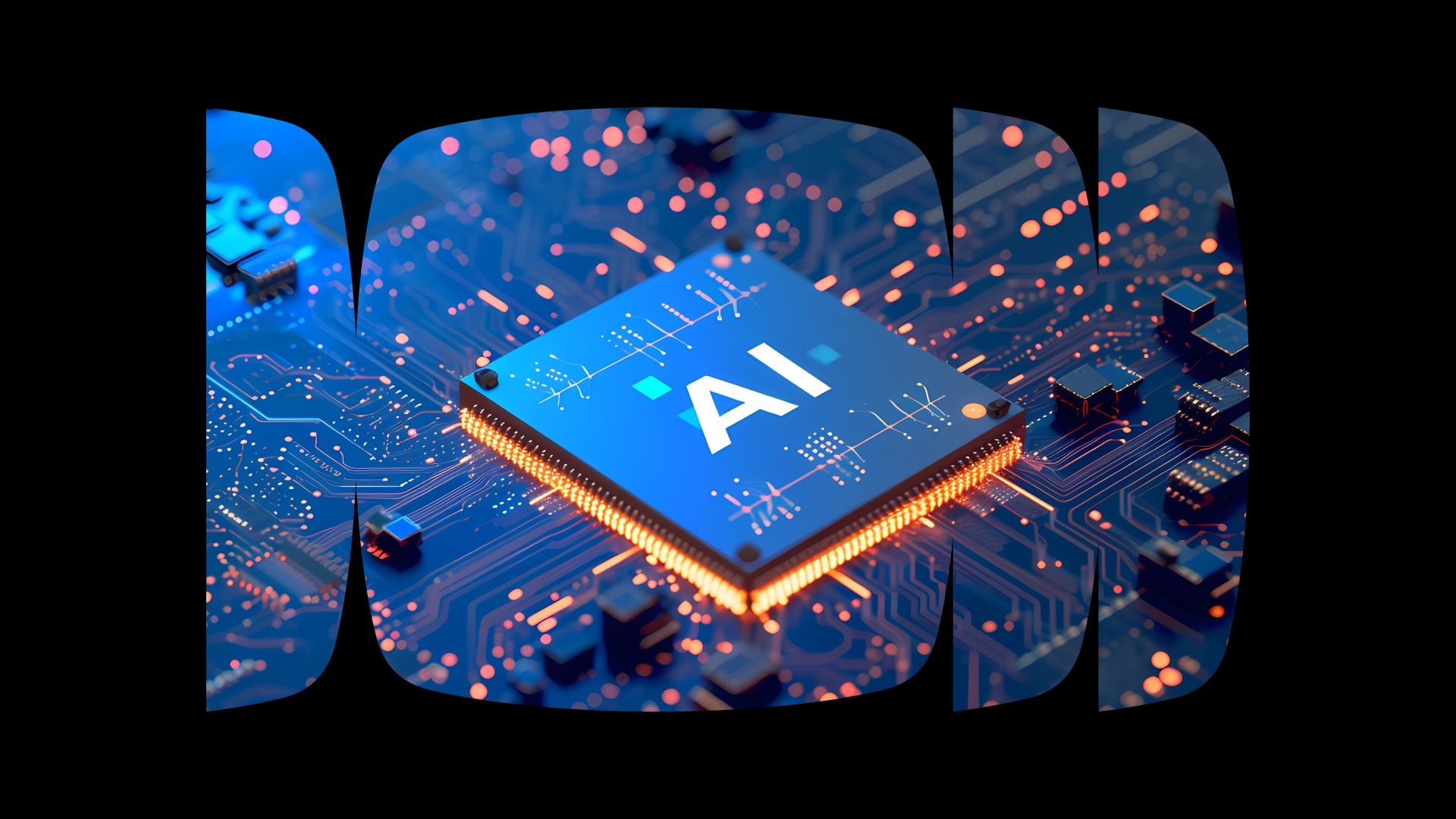 Ilustração de um chip de inteligência artificial (IA) sobre uma placa eletrônica, representando avanços em tecnologia e computação