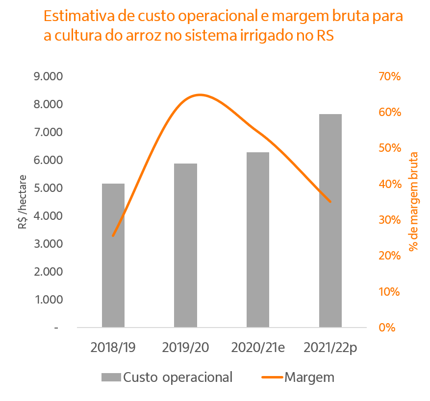 Custo operacional e margem bruta para a cultura de arroz no RS.