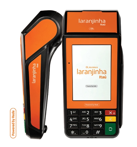 Imagem da Laranjinha Rede +. Atrás dela têm algumas ilustrações coloridas.