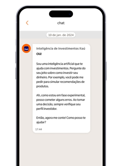 Imagem de um smartphone mostrando a tela de Inteligência de Investimentos Itaú.