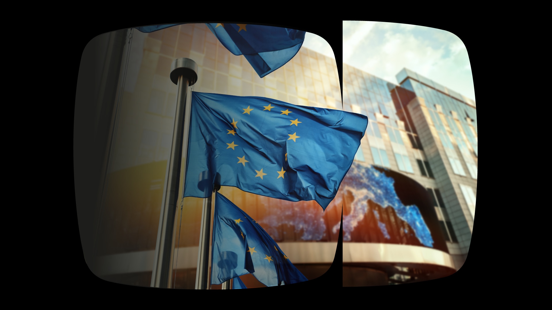 Imagem: foto de uma bandeira da Uniao Europeia dentro da silhueta do ícone do Itaú