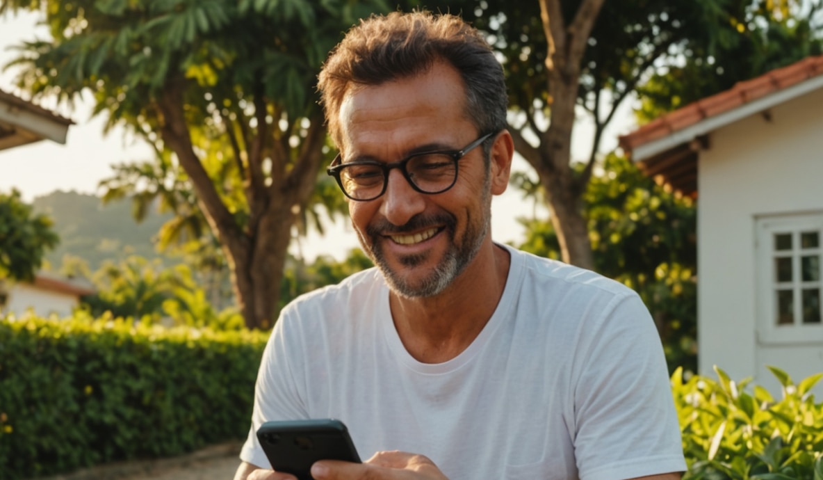 Cliente Itaú, no quintal de sua casal, acessando o Itaú pelo celular