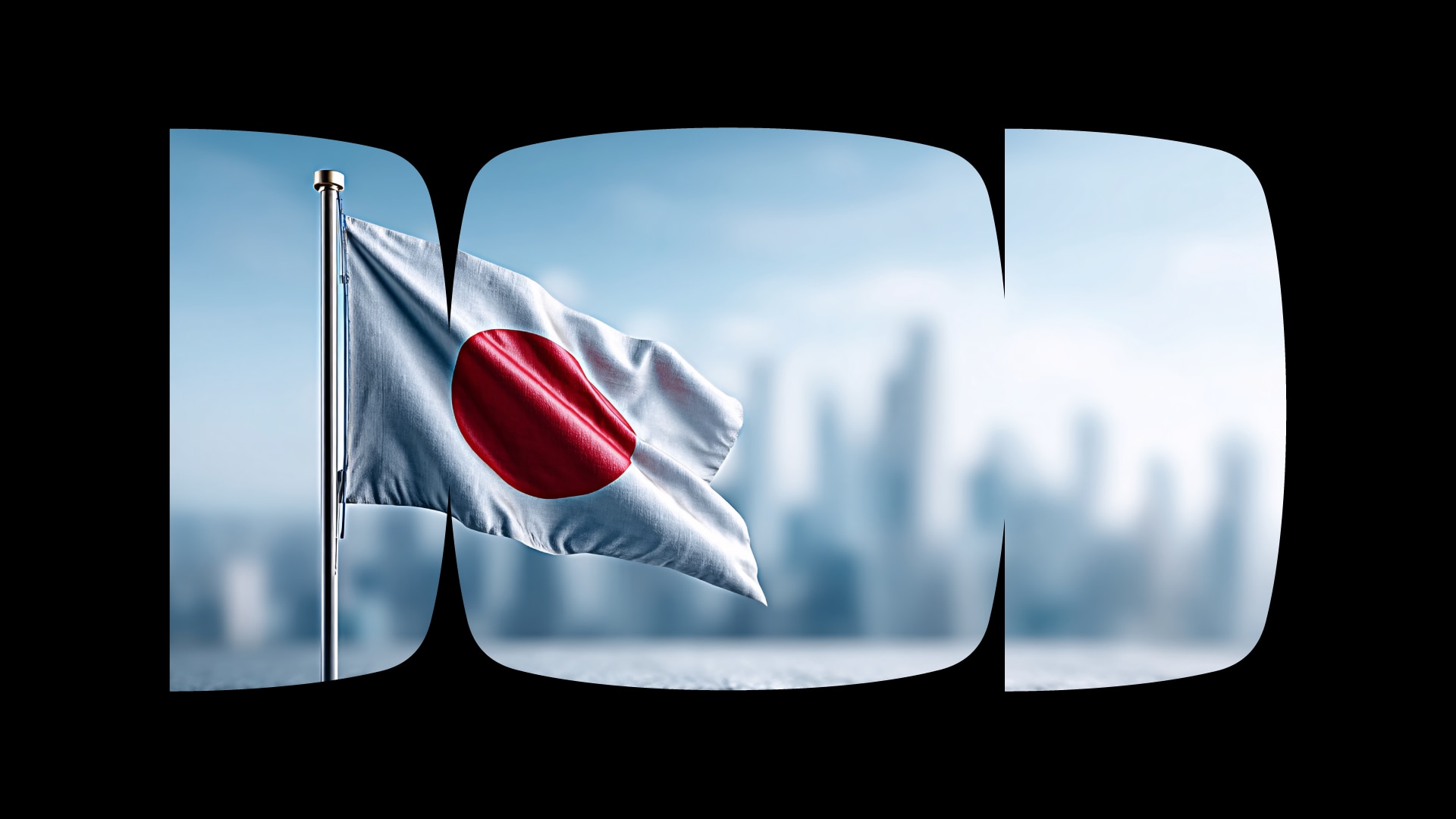 Bandeira do Japão tremula em primeiro plano, dentro do grafismo do Itaú Private Bank