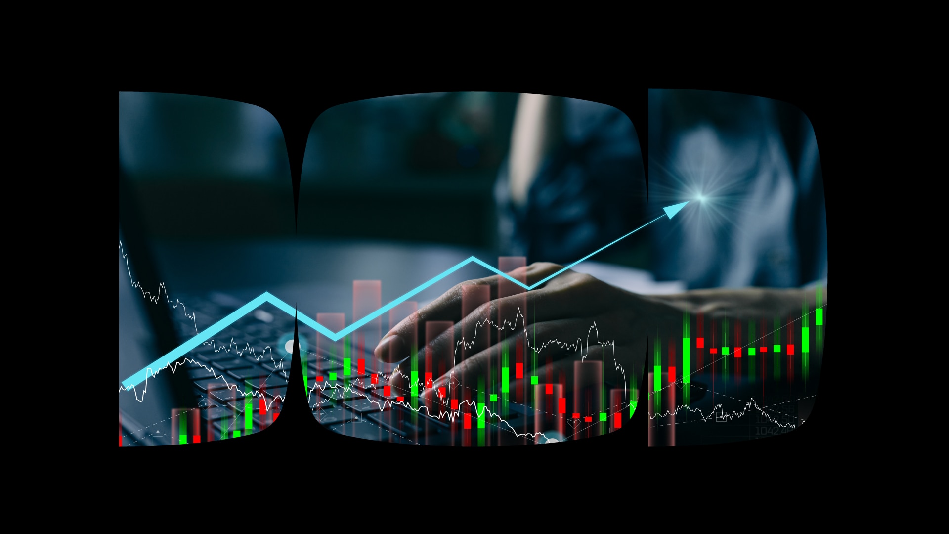 Interface gráfica com diversos gráficos em barras vermelhas e verdes, linhas de tendência e uma seta azul apontando para cima, simbolizando crescimento ou valorização no mercado