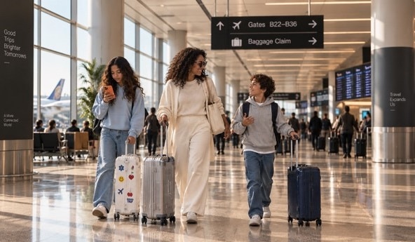 Mãe e filhos andando no aeroporto com malas de viagem